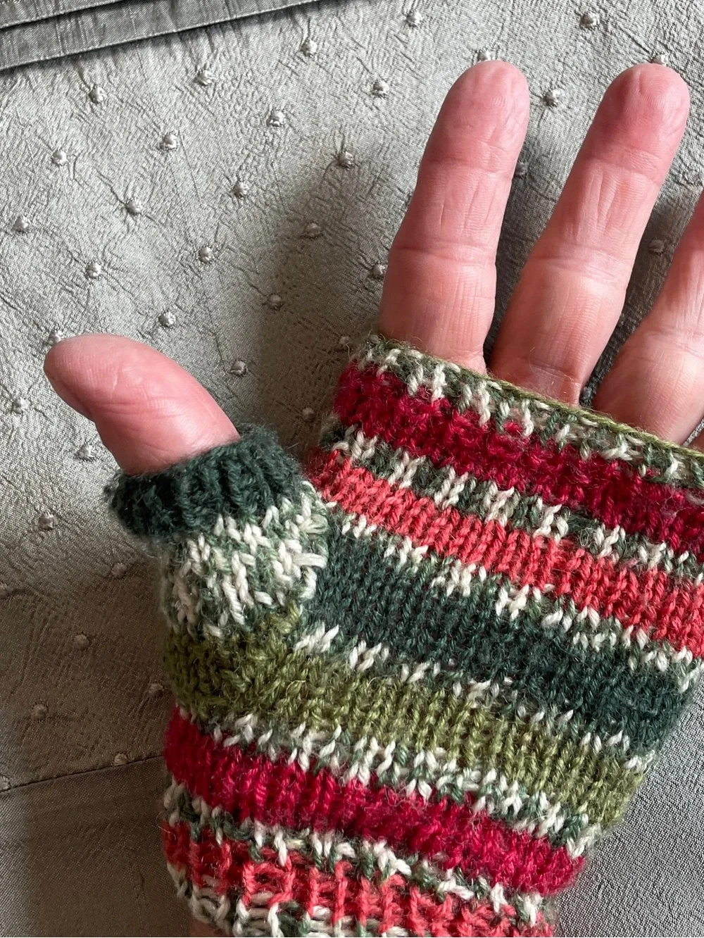 Peruvian Hand knit Wool Fingerless Gloves Green, Red & Cream Stripes
